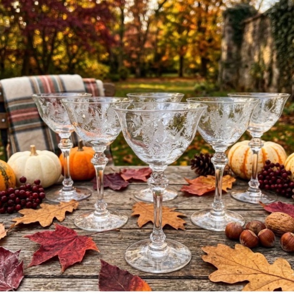Tiffin-Franciscan Crystal Cocktail Glasses: Persian Pheasant Etched Birds (6)